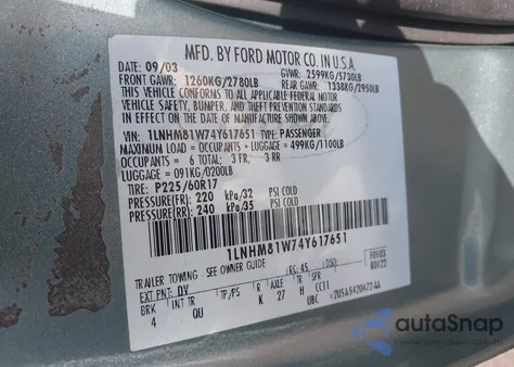 2004 Lincoln Town Car Signature from USA, damaged, VIN 1LNHM81W74Y617651